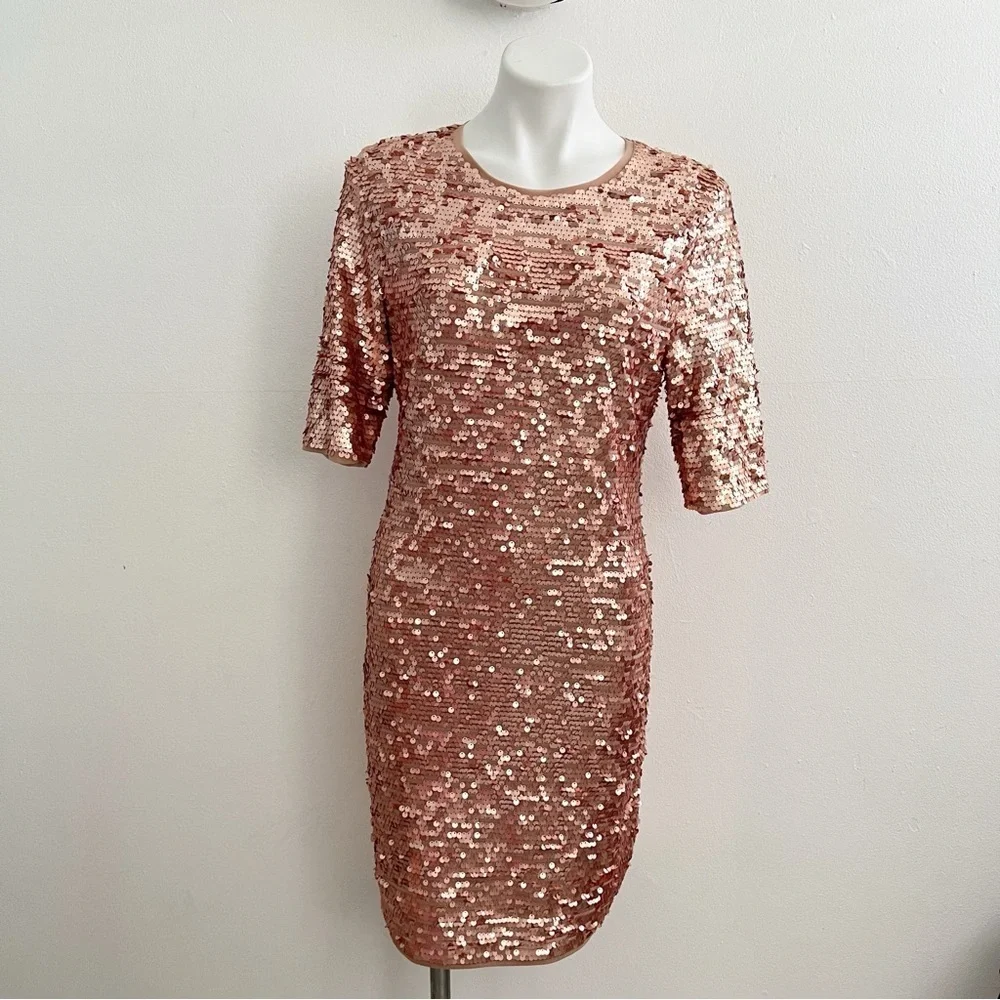 NEW BCBGMAXARIA FITTED SEQUIN DRESS LARGE ROSE GOLD STRETCH cocktail PARTY - Picture 5 of 12